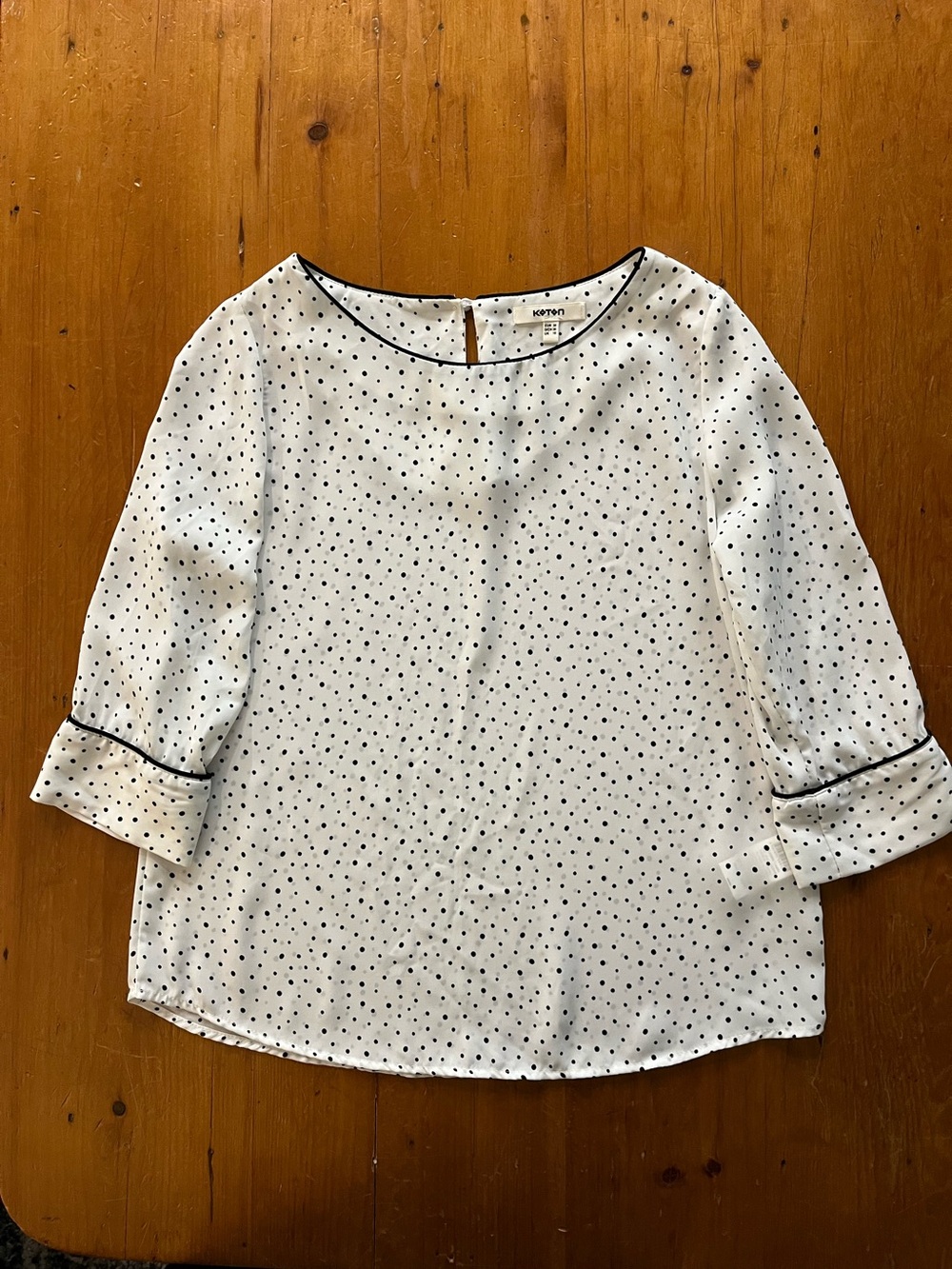 Koton White With Black Polka Dots and Piping 3/4 Sleeve Polyester Blouse
